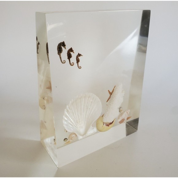 1970 Lucite Acrylic Bookends Nautical Ocean Beach Seashells Seahorses Starfish - Picture 12 of 16